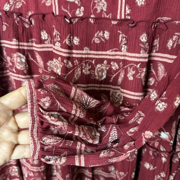 Knox Rose Womens Long Sleeve Burgundy Red Floral Boho Dress - Picture 2 of 10
